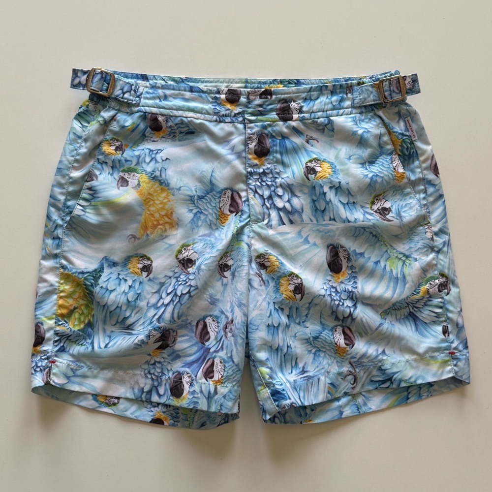 Orlebar Brown Russell “Without Feather Ado” Parrot Print Swim Trunks - Size 10